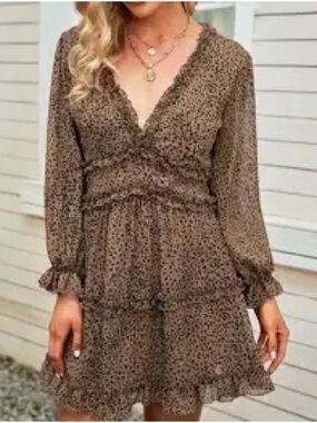SHEIN Brown Printed Long Sleeve V-Neck Tiered Mini Dress